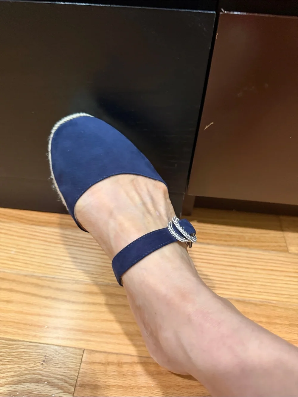 Stuart Weitzman Navy Suede Espadrille Slide with Crystal Buckle